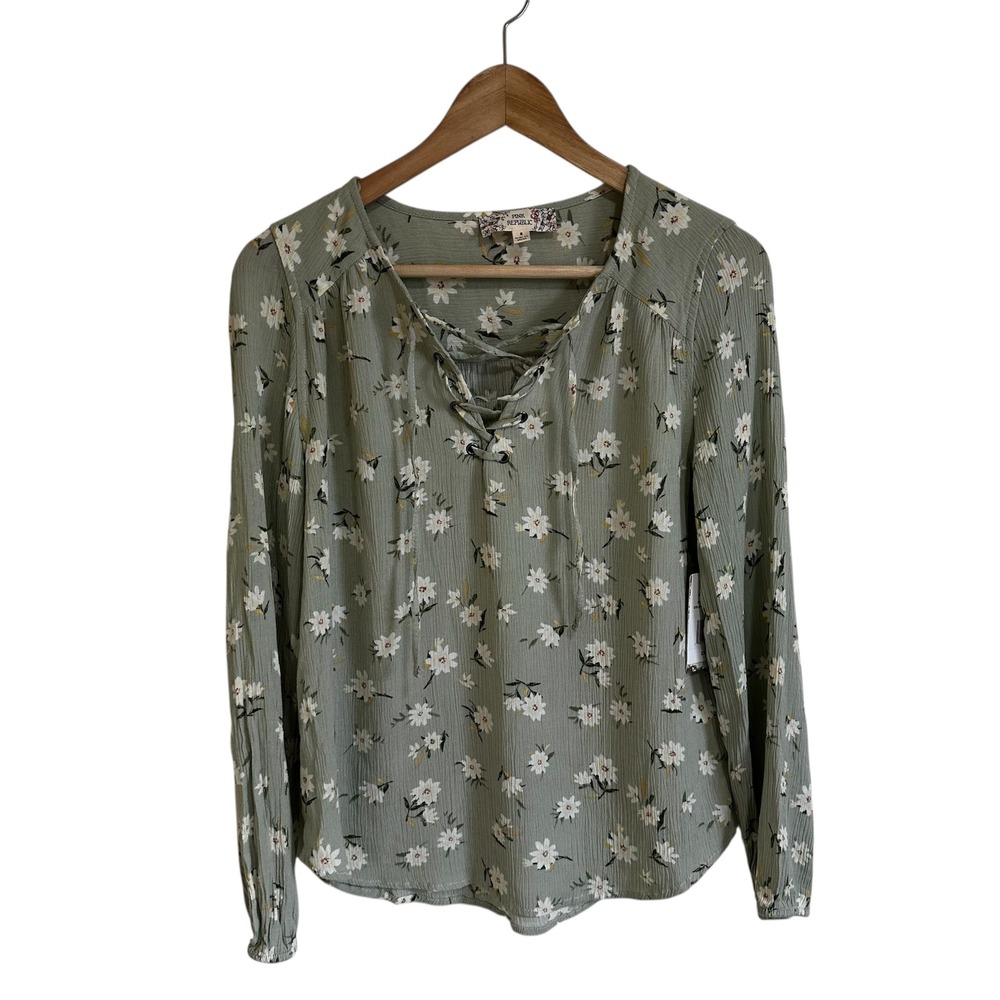 Pink Republic Floral Blouse Lace Up Long Sleeve Top Boho Casual Sage S‎